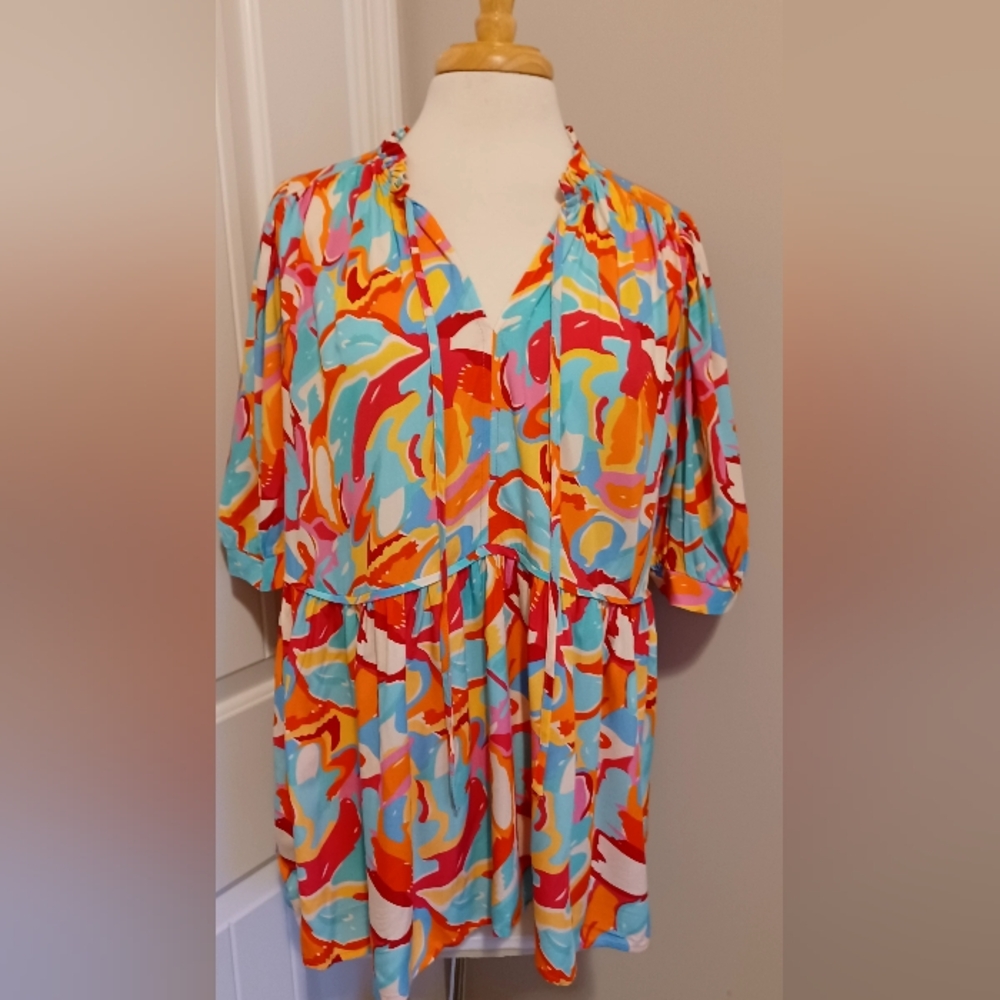 Artsy Printed Tie Neck Half Sleeve Blouse Sz. Large New without tags